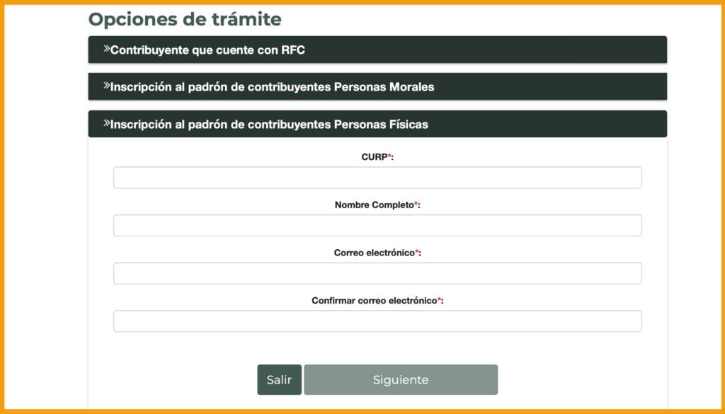 formulario registrate SAT